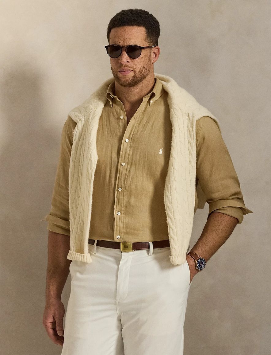 Polo Ralph Lauren Big & Tall Overhemd beige witte knoop linnen