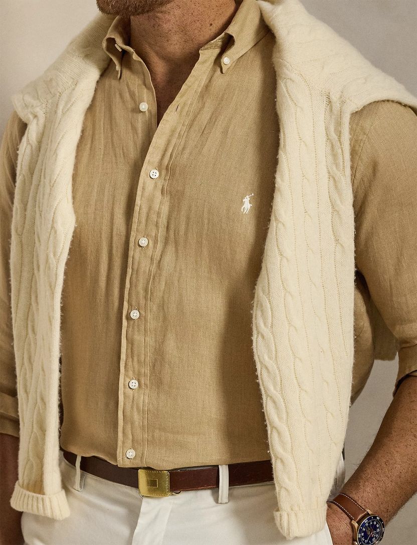 Overhemd beige Polo Ralph Lauren Big & Tall linnen lichte knoop