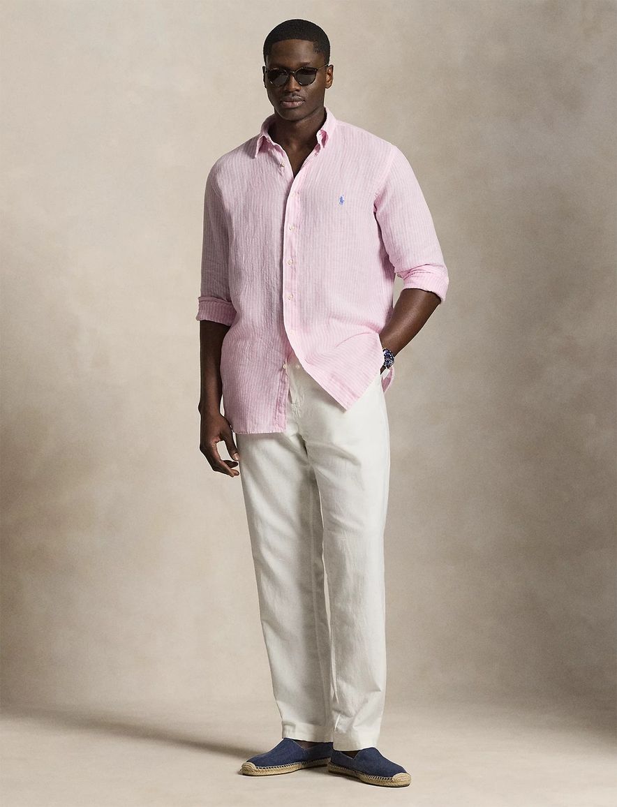 Polo Ralph Lauren Big & Tall overhemd roze gestreept linnen