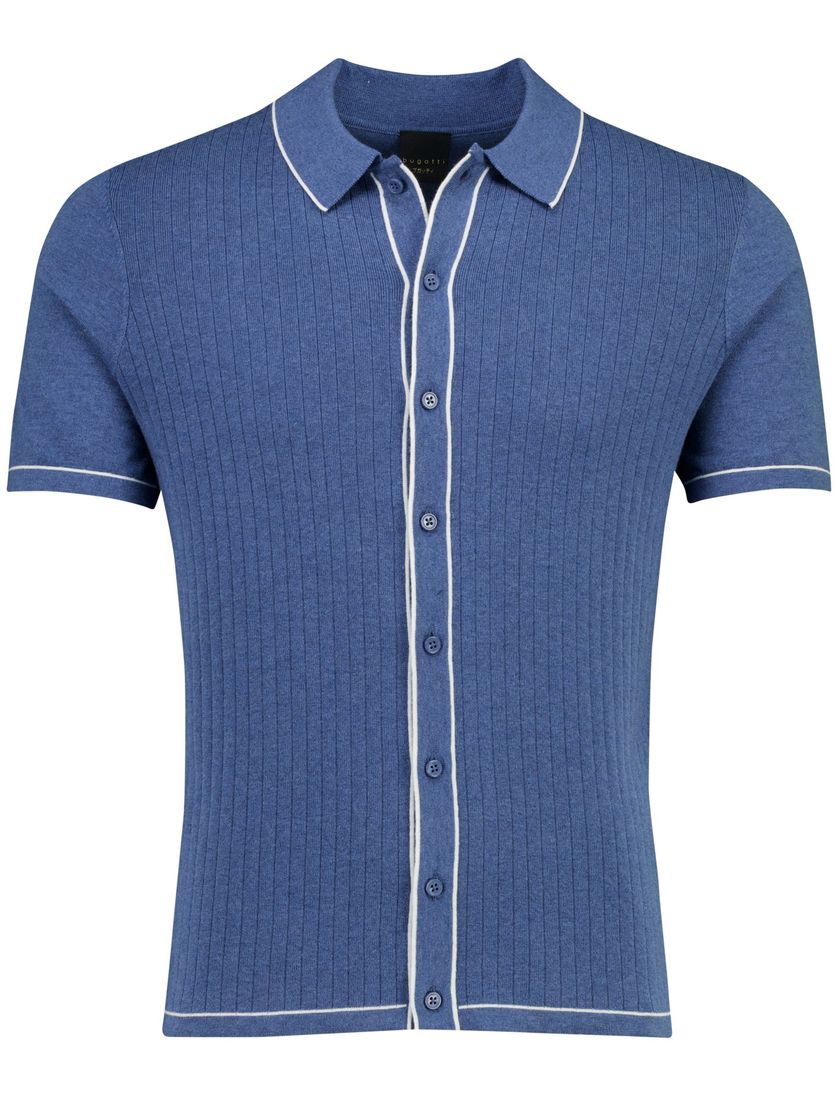 poloshirt doorknoops Bugatti blauw witte rand knitted