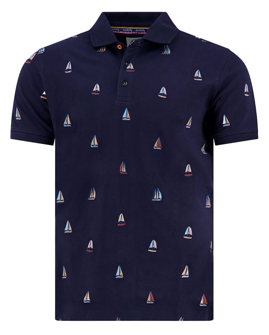donkerblauw print polo A Fish Named Fred slim fit