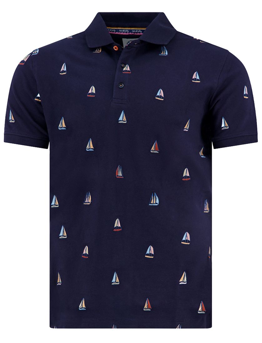 Poloshirt korte mouw A Fish Named Fred print donkerblauw zeilboten