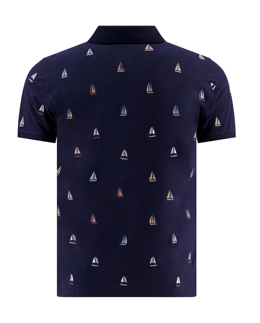 donkerblauw print polo A Fish Named Fred slim fit