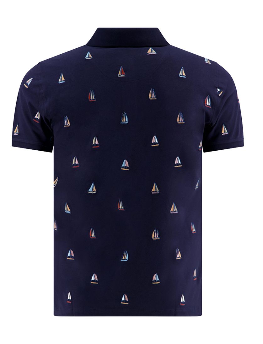 Poloshirt korte mouw A Fish Named Fred print donkerblauw zeilboten