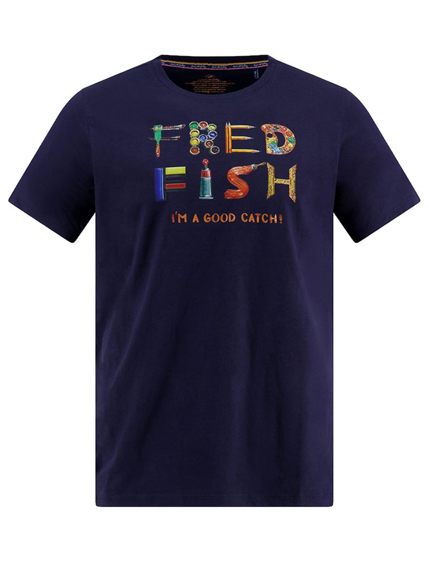 A Fish Named Fred T-shirt donkerblauw opdruk korte mouw