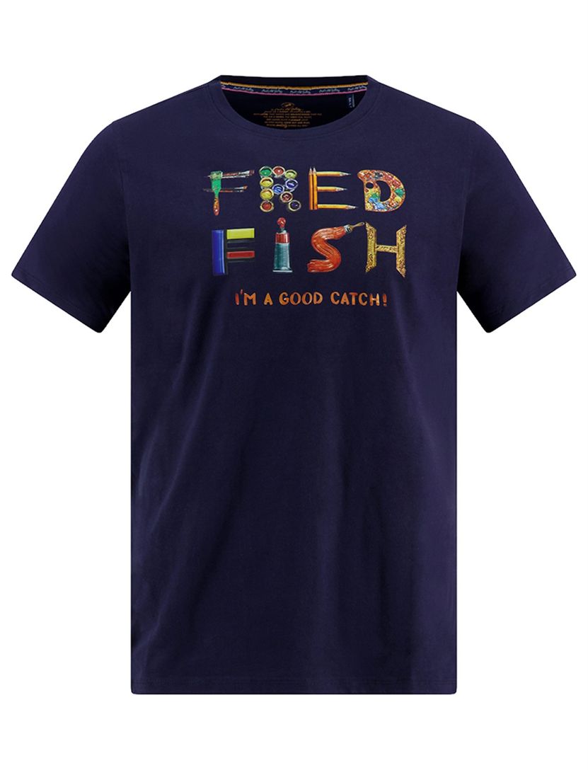 T-shirt korte mouwe A Fish Named Fred donkerblauw met opdruk katoen
