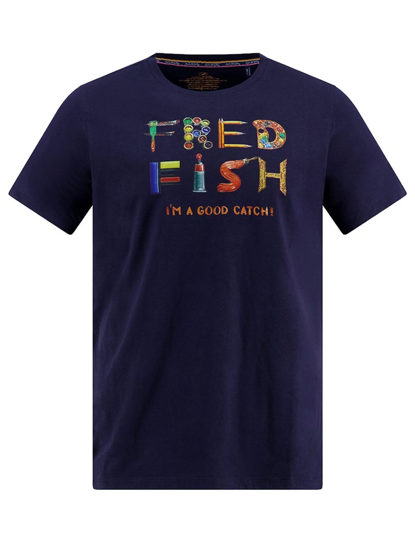 T-shirt korte mouwe A Fish Named Fred donkerblauw met opdruk katoen