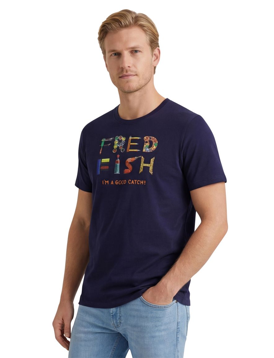 A Fish Named Fred T-shirt donkerblauw opdruk korte mouw