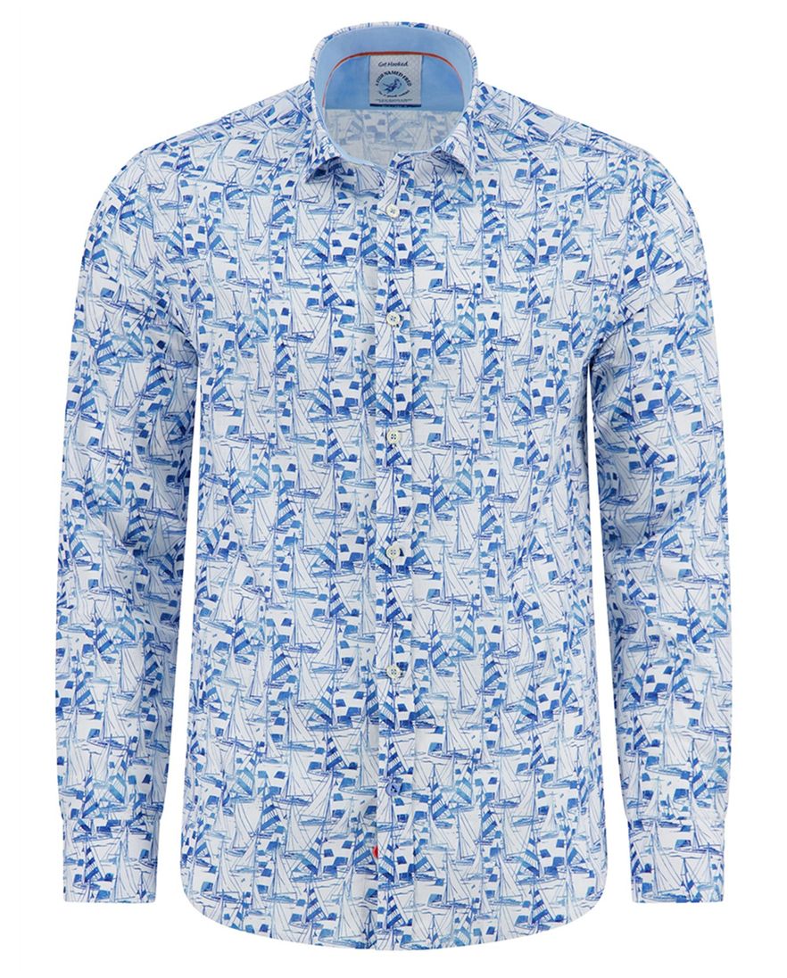 A Fish Named Fred overhemd geprint blauw katoen normale fit