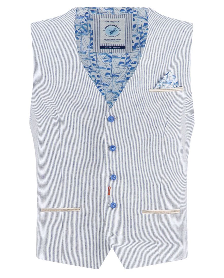 A Fish Named Fred gilet kobaltblauw gestreept linnen
