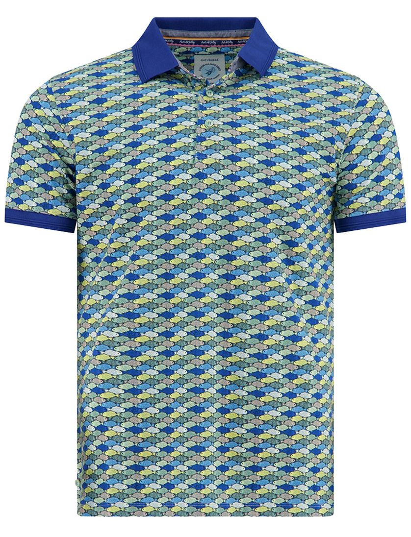 polo 3-knoops geprint A Fish Named Fred groen en blauw katoen