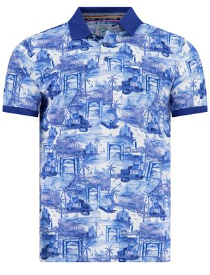 A Fish Named Fred polo korte mouw met kobaltblauwe print A Fish Named Fred katoen