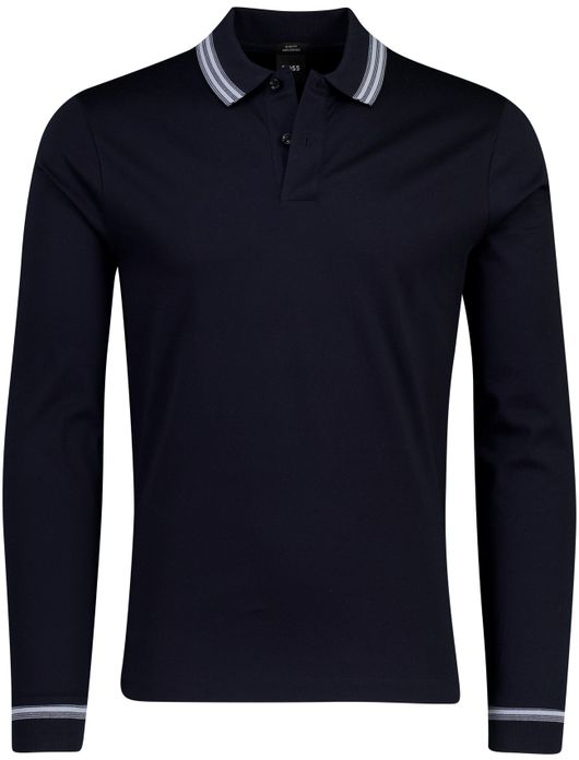 Boss Black poloshirt H-pleins Slim Fit lange mouw navy katoen