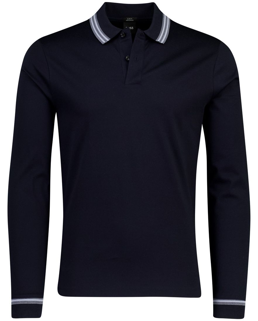 Poloshirt Boss Black H-pleins Slim Fit lange mouw navy 2-knoops