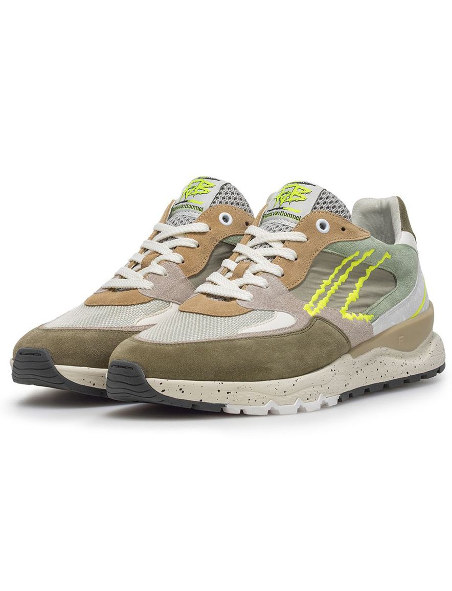 Sneaker Van Bommel olijfgroen textiel geprint met zool