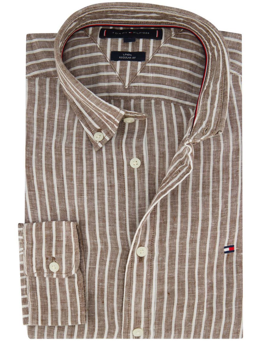 Bruin wit gestreept linnen overhemd Tommy Hilfiger Regular Fit