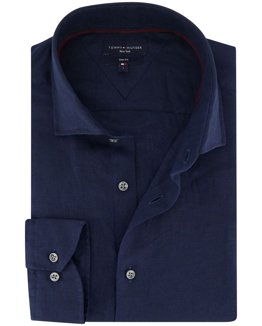 Tommy Hilfiger overhemd donkerblauw linnen semi-wide collar