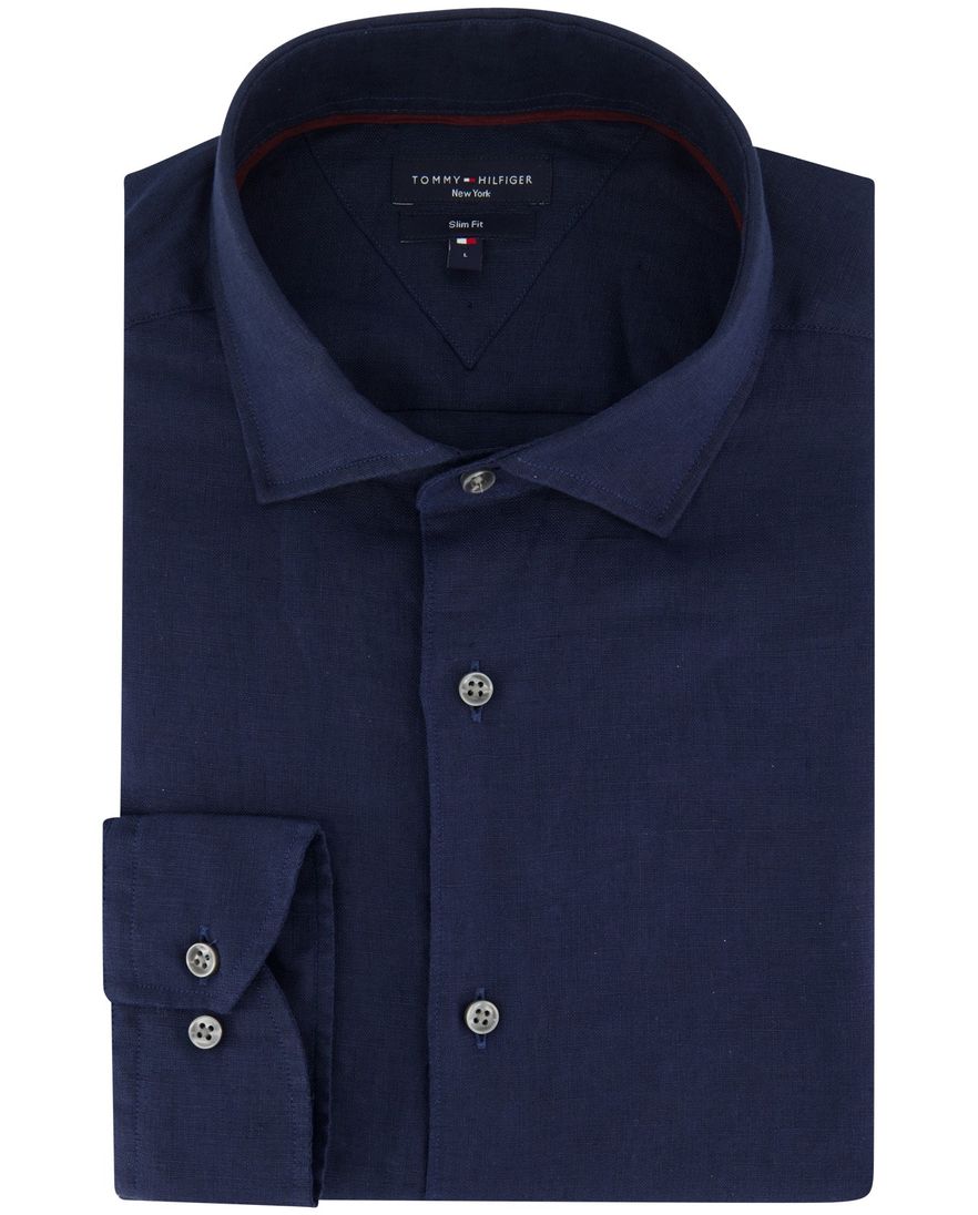 Tommy Hilfiger overhemd donkerblauw linnen semi-wide collar