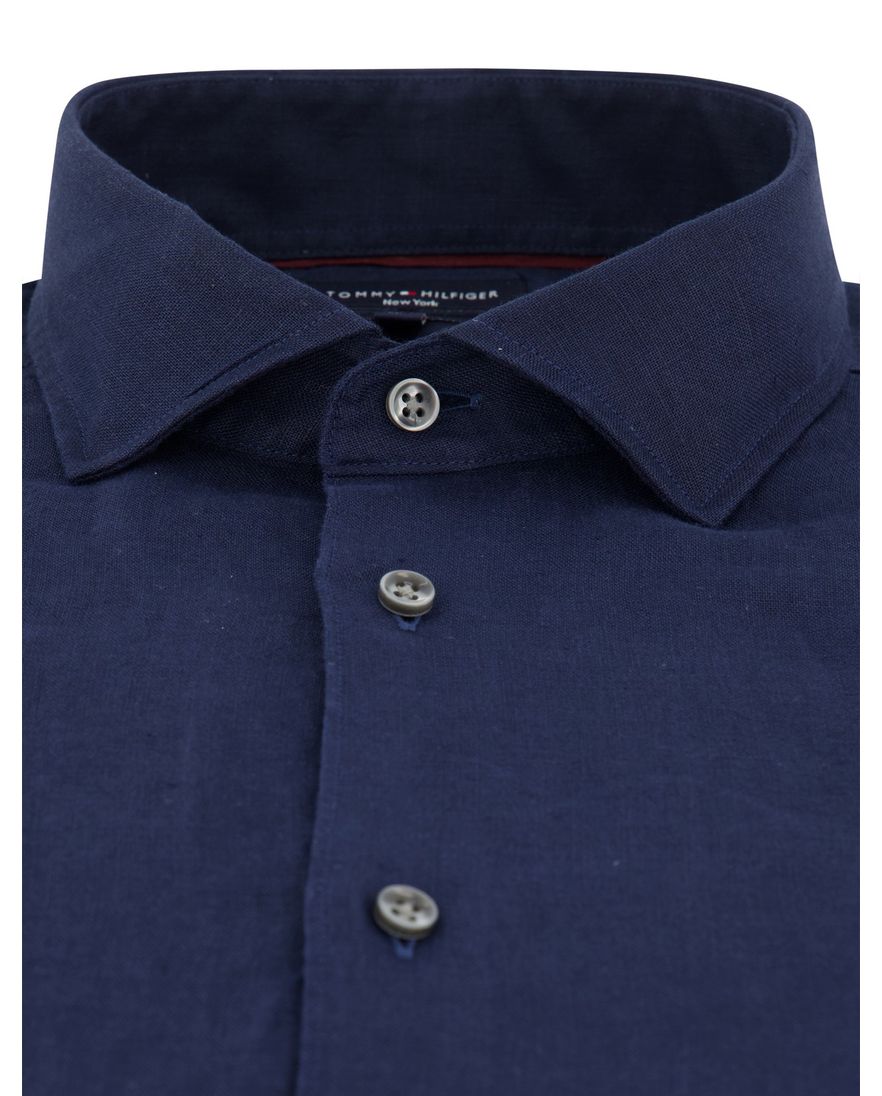Tommy Hilfiger overhemd donkerblauw linnen semi-wide collar