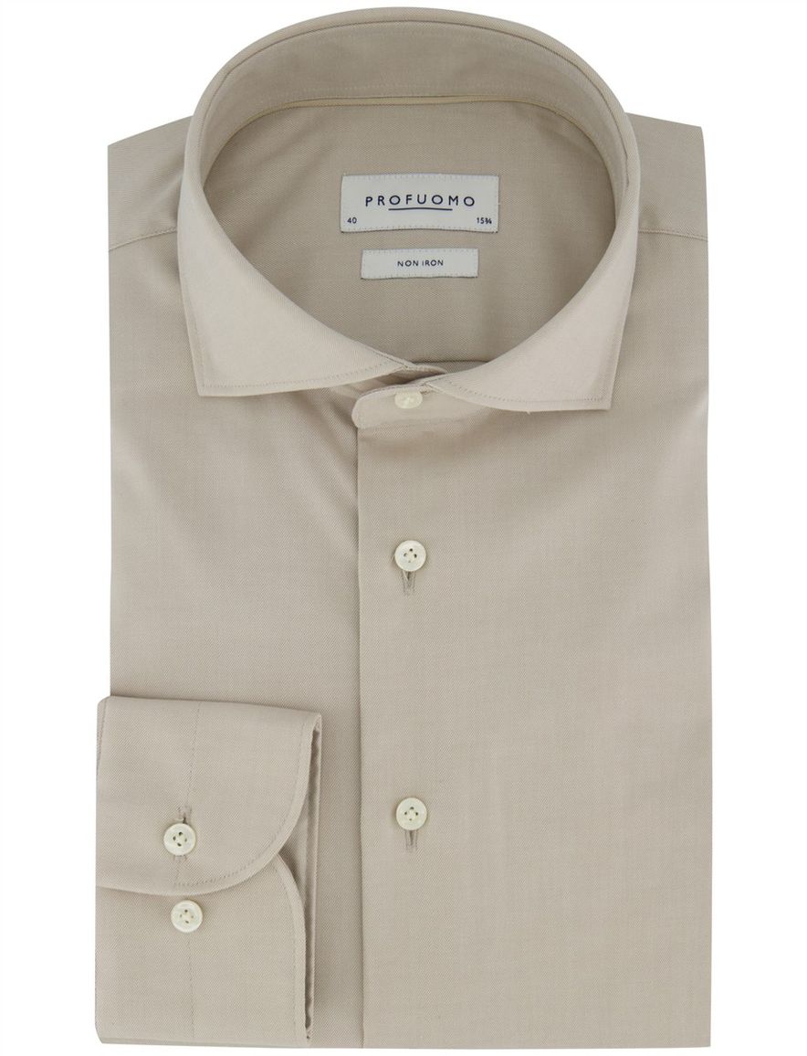 Overhemd Profuomo Slim Fit beige katoen strijkvrij