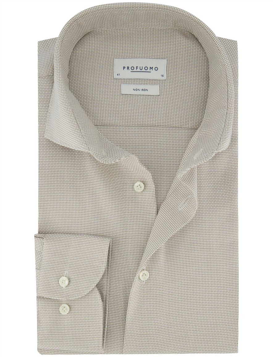 Overhemd Profuomo Slim Fit beige structuur katoen