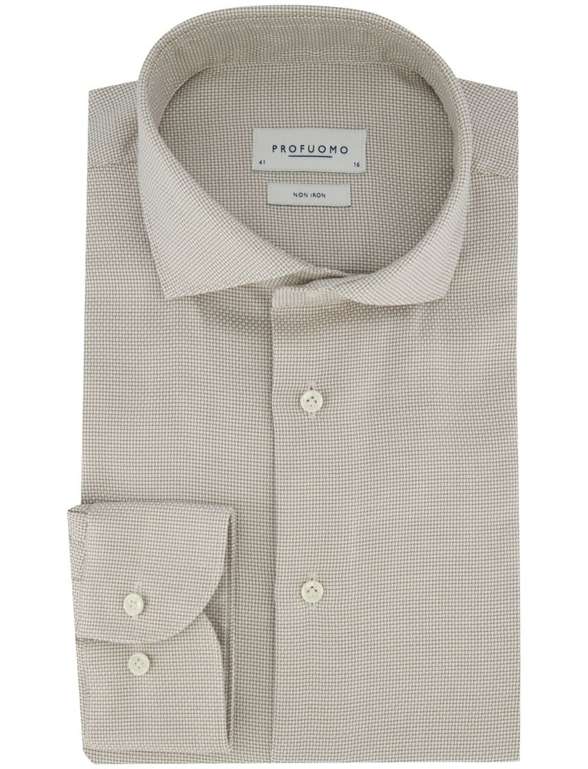 Beige katoenen Profuomo Slim Fit overhemd strijkvrij