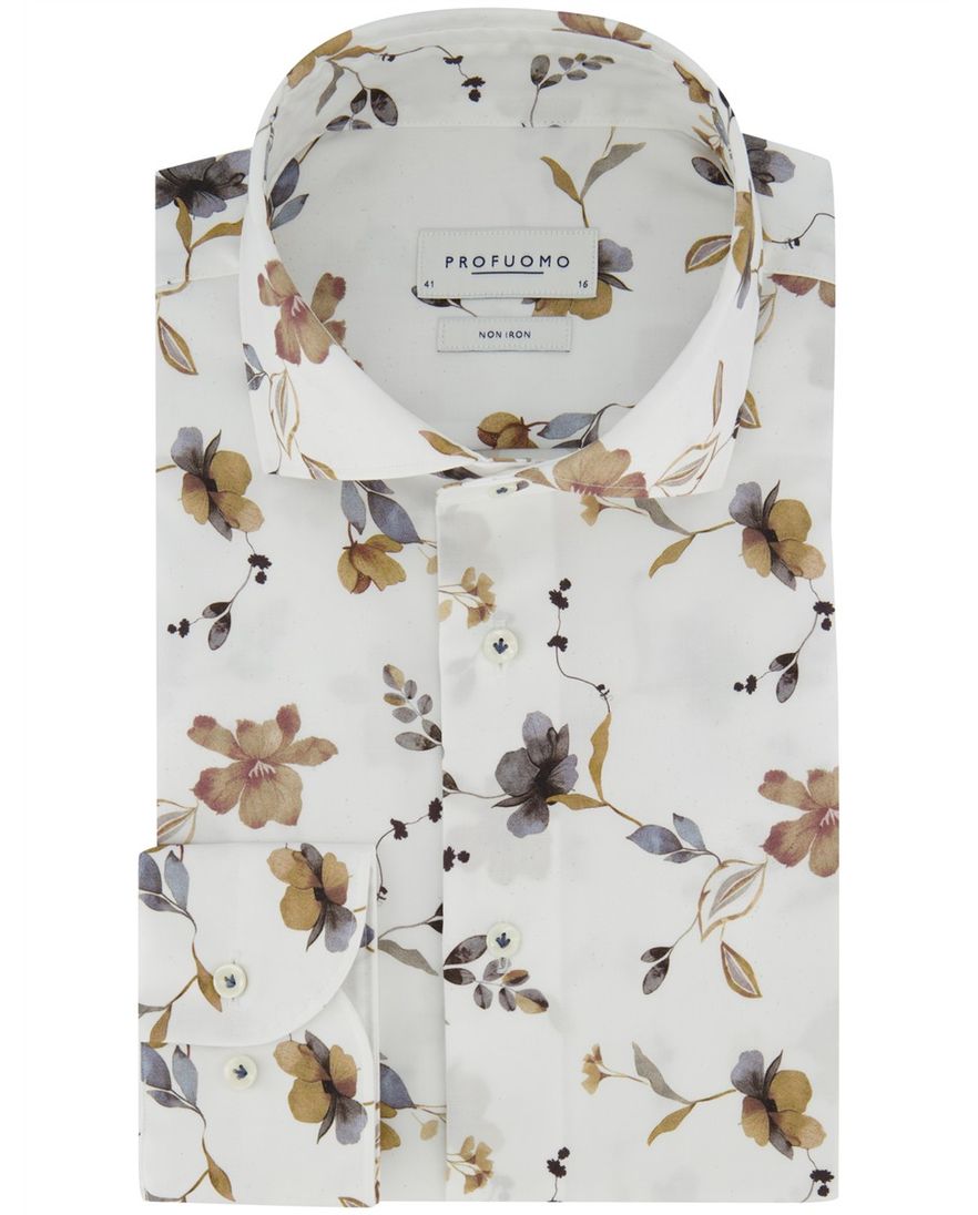 Overhemd Profuomo Slim Fit wit geprint bloemen