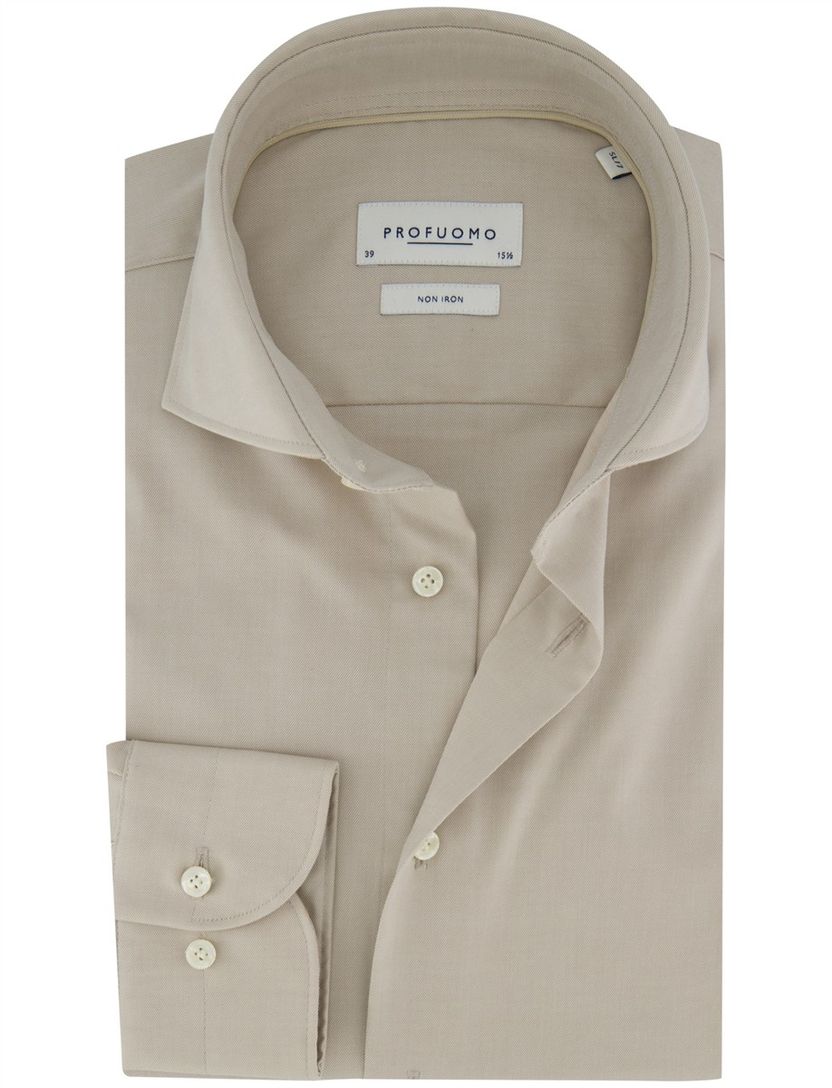 Beige Profuomo overhemd Slim Fit mouwlengte 7 katoen