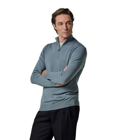 Profuomo Blauwe Profuomo half zip trui tencel