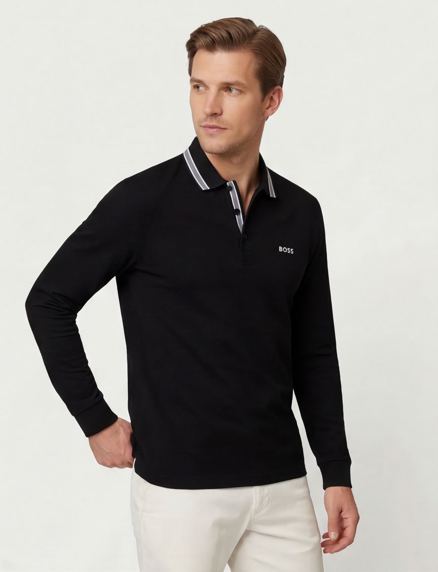 BOSS Black Plisy Poloshirt zwart lange mouw