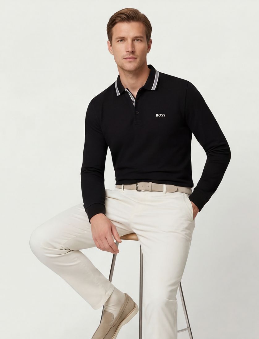 Poloshirt Boss Green Plisy zwart normale fit 3 knoopjes