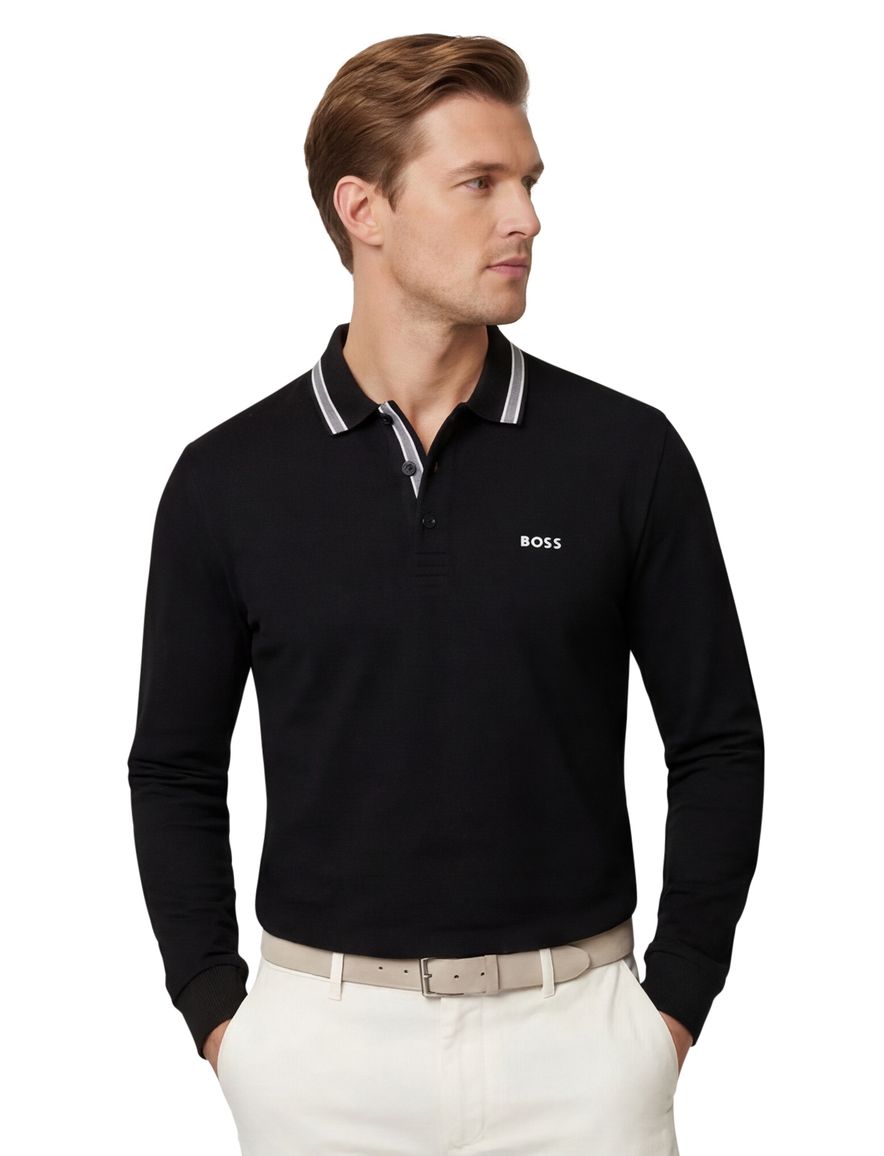 BOSS Black Plisy Poloshirt zwart lange mouw