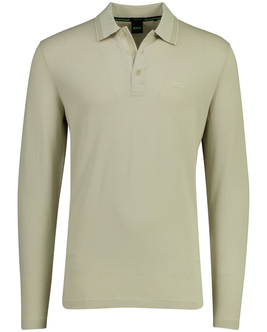 BOSS Green Plisy poloshirt 3 knoops lange mouw beige