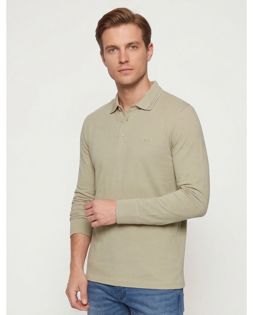 BOSS Green Plisy poloshirt 3 knoops lange mouw beige