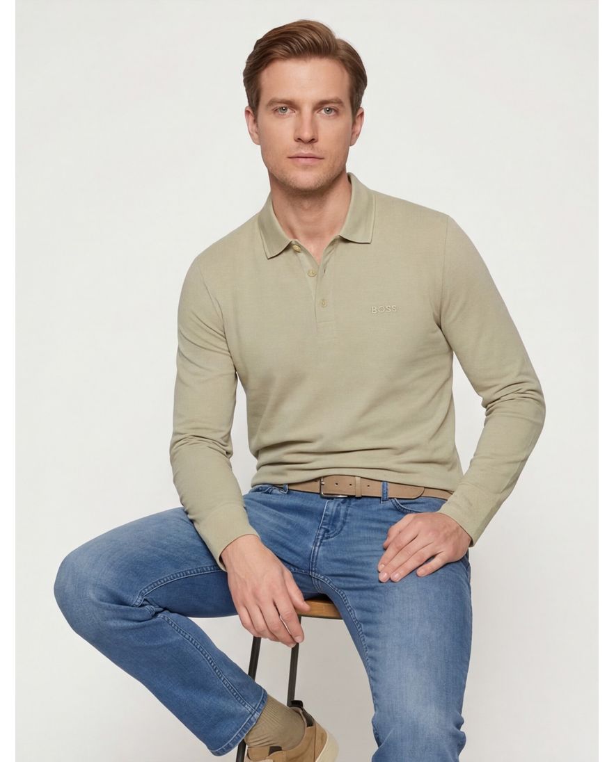 BOSS Green Plisy poloshirt 3 knoops lange mouw beige