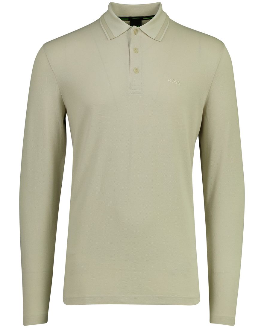 BOSS Green Plisy poloshirt 3 knoops lange mouw beige