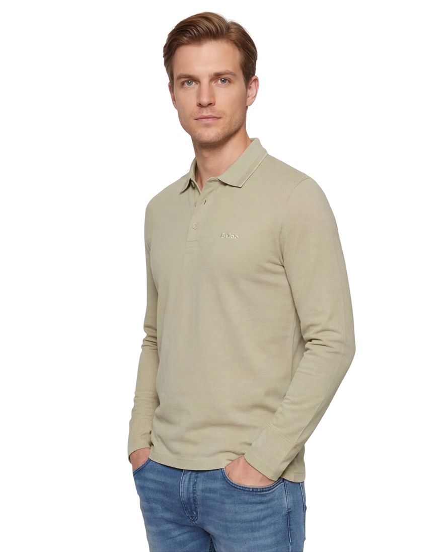 BOSS Green Plisy poloshirt 3 knoops lange mouw beige