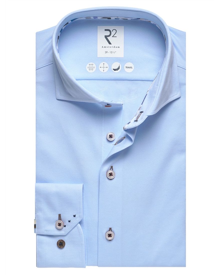 Lichtblauw R2 Amsterdam Modern Fit overhemd subtiele structuur