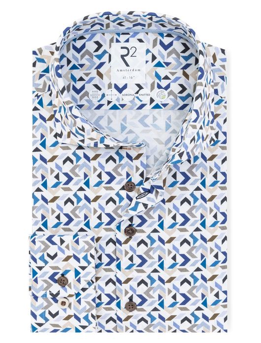 R2 Amsterdam Modern Fit overhemd wit blauw grafisch dessin