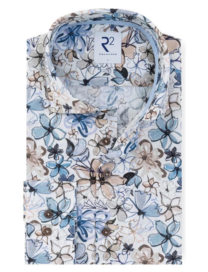 Overhemd R2 Modern Fit blauw bloemenpatroon