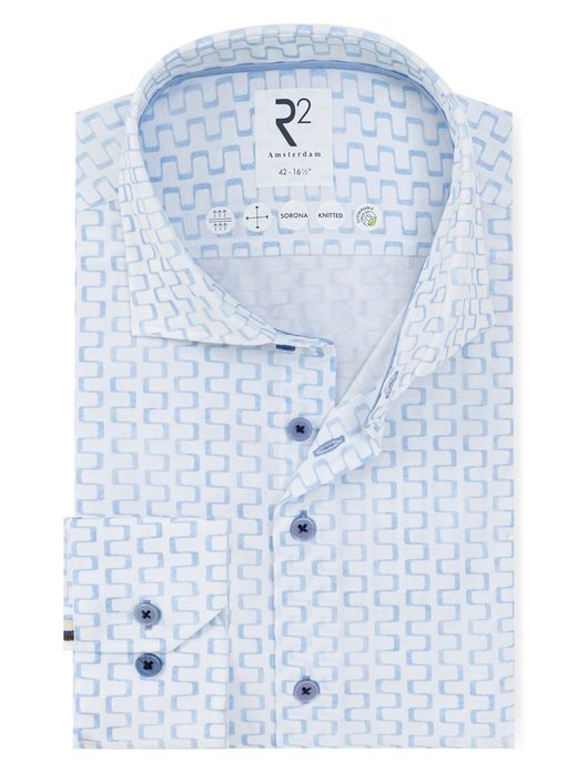 R2 Amsterdam Modern Fit overhemd wit lichtblauw dessin