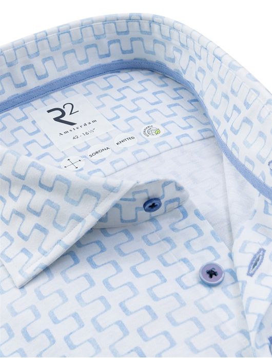 R2 Amsterdam Modern Fit overhemd wit lichtblauw dessin