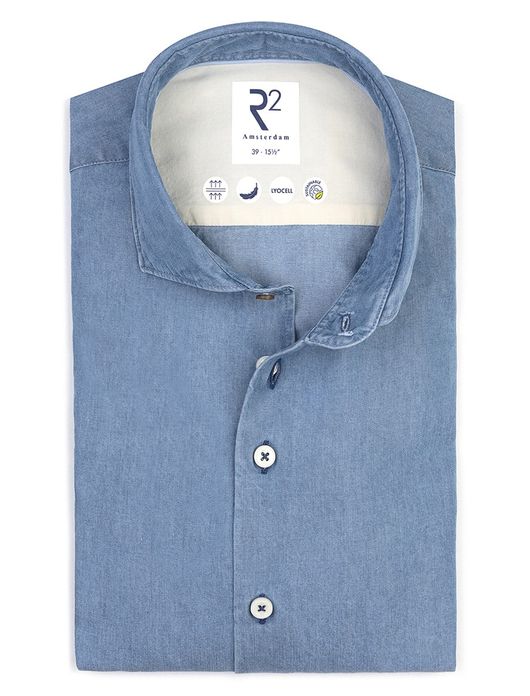 R2 Amsterdam overhemd lichtblauw effen spijker dessin