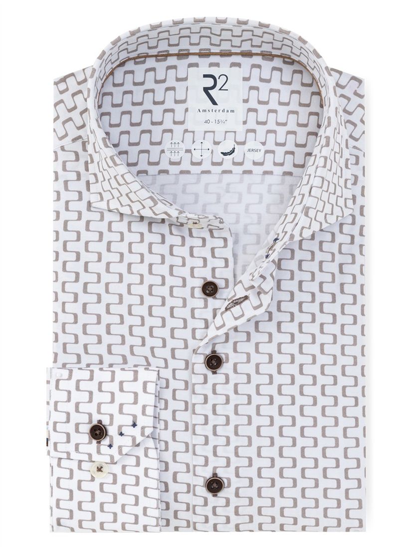 Overhemd R2 Amsterdam Modern Fit wit beige print