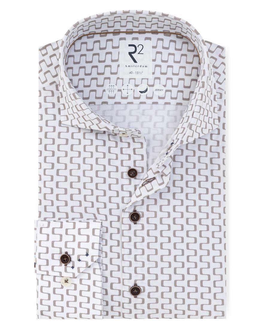 Wit R2 Amsterdam Modern Fit overhemd beige patroon