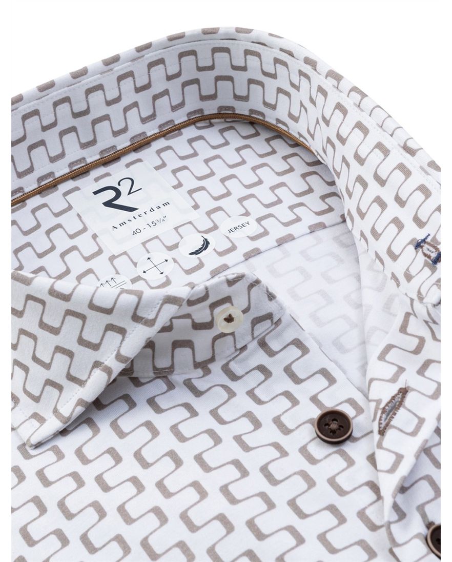 Wit R2 Amsterdam Modern Fit overhemd beige patroon