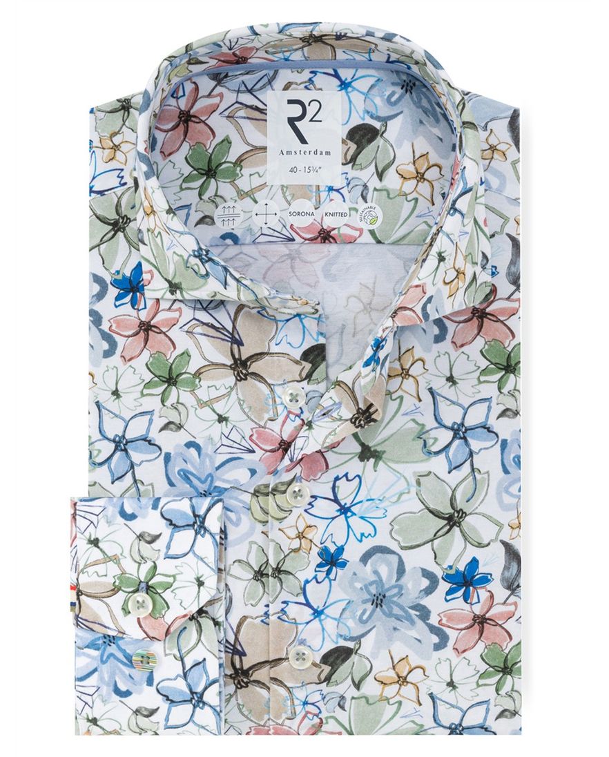 Multicolor R2 Amsterdam Modern Fit overhemd floral dessin blauw