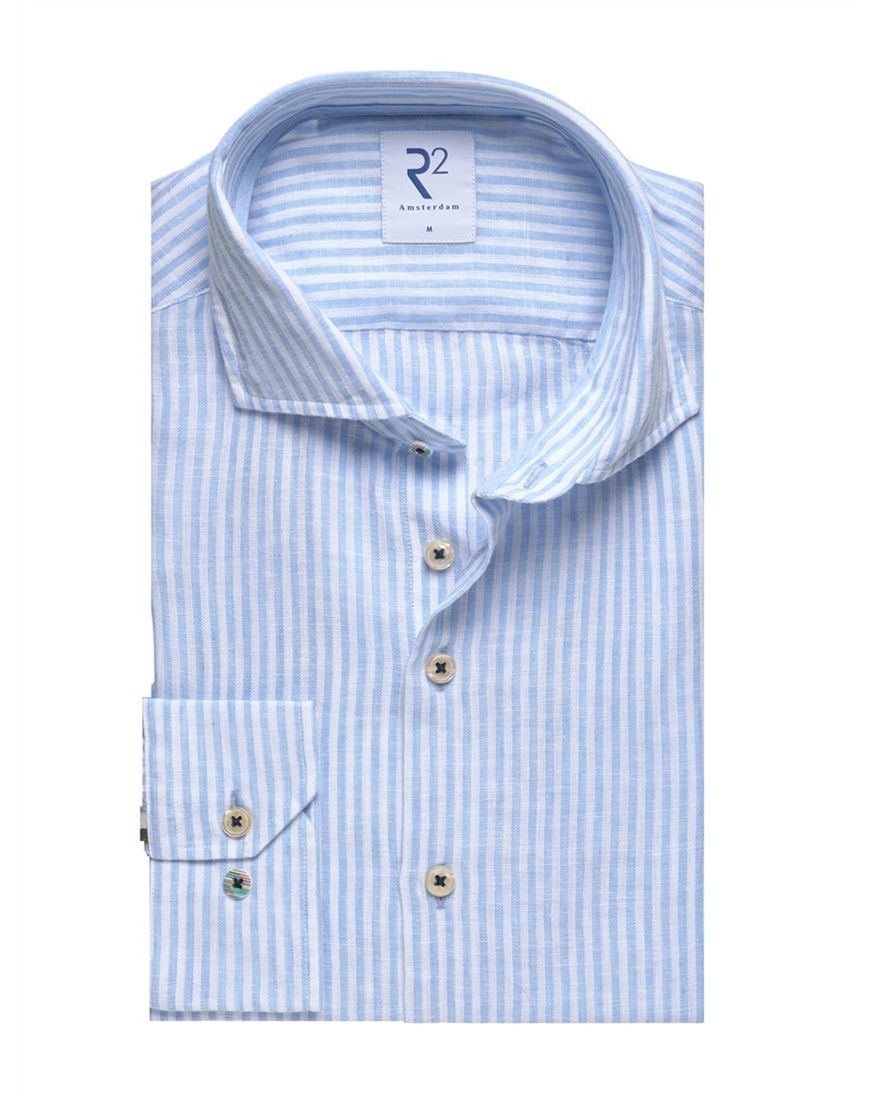Lichtblauw R2 Amsterdam Modern Fit overhemd linnen streepmotief