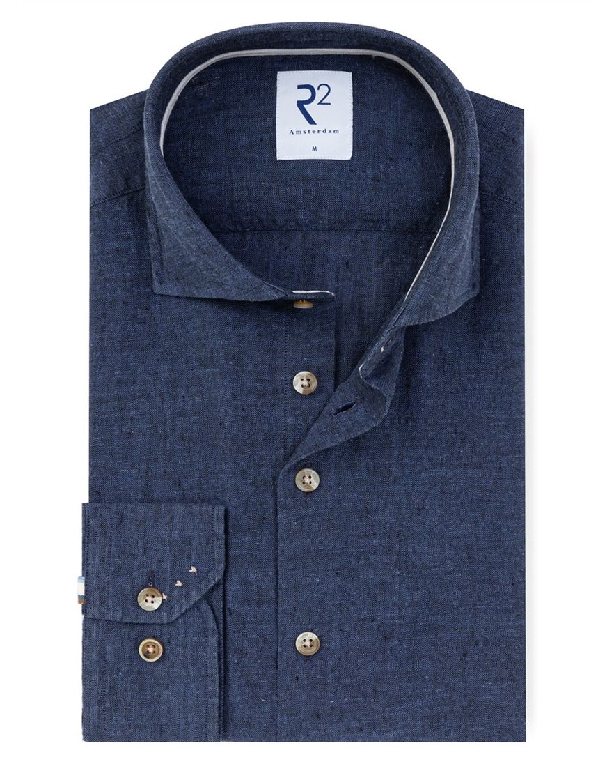 Overhemd R2 Amsterdam donkerblauw linnen wide spread