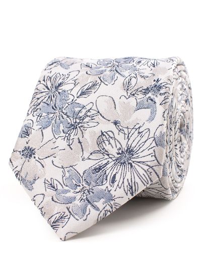 Tresanti Tresanti zijden stropdas lichtbeige met blauw bloem dessin